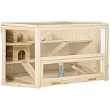 PawHut Kleintierkäfig, Nagerkäfig, mit Rampe, Wippe, Oben aufklappbar Käfig abnehmbare Bodenwanne Tannenholz PS...