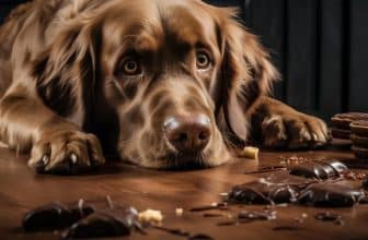 Hund liegt vor Schokolade